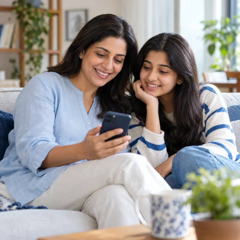 Mother and daughter looking at a smartphone together