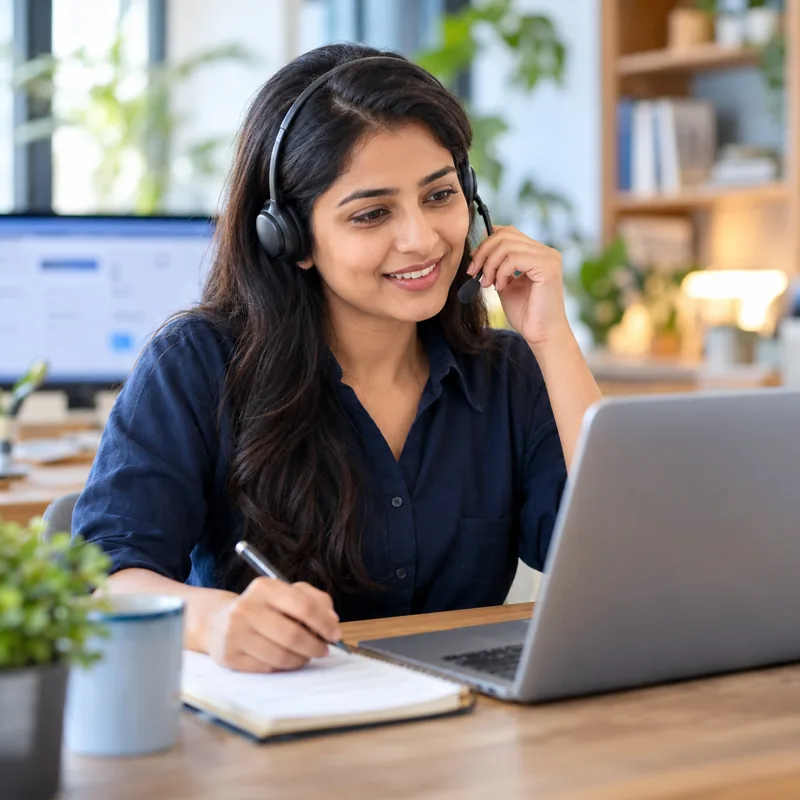 Support professional wearing a headset while working at a laptop