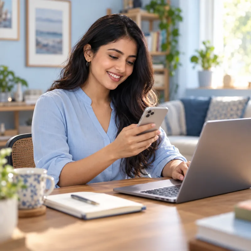 Woman using a smartphone and laptop at her home desk